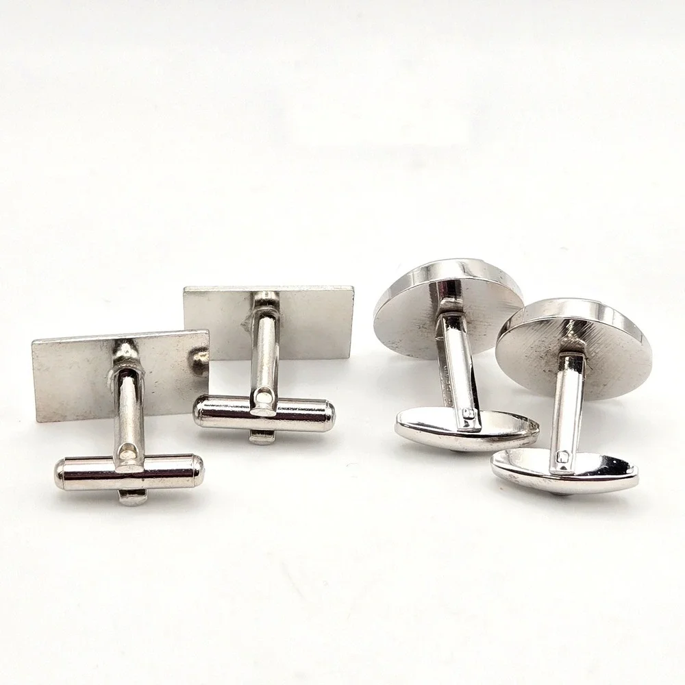 Vintage Silver Tone Round & Rhinestone Rectangle Foster Cufflinks Set of 2 Pairs